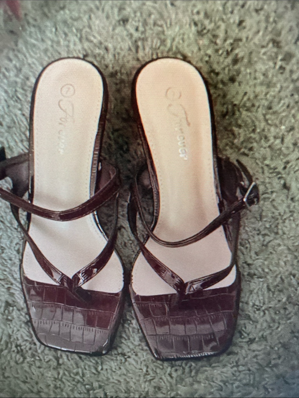 Croc-Embossed Brown Square-Toe Strappy Heels